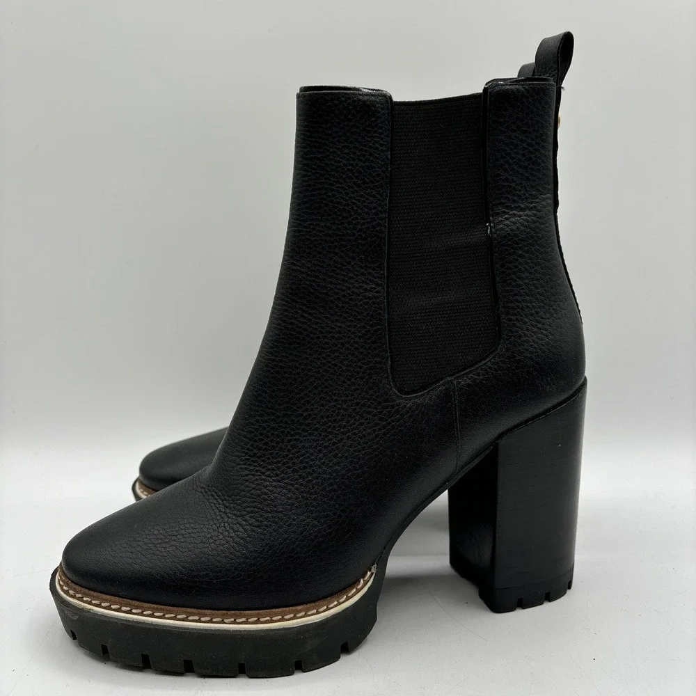 Tory Burch Carson Lug Bootie Women's 7 Chelsea Ankle Boots Heel Black Leather